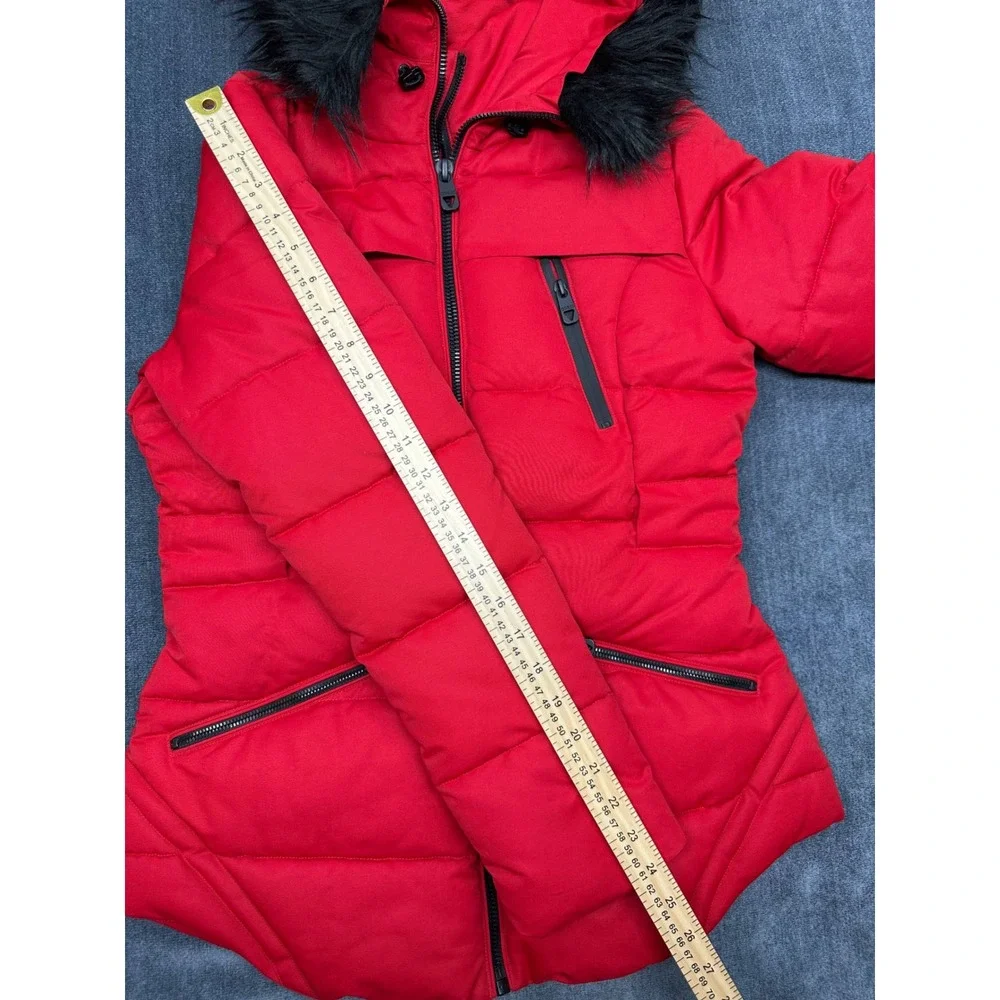 Guess Womens Red Quilted Puffer Jacket Faux Fur Hood Small 22LMP804